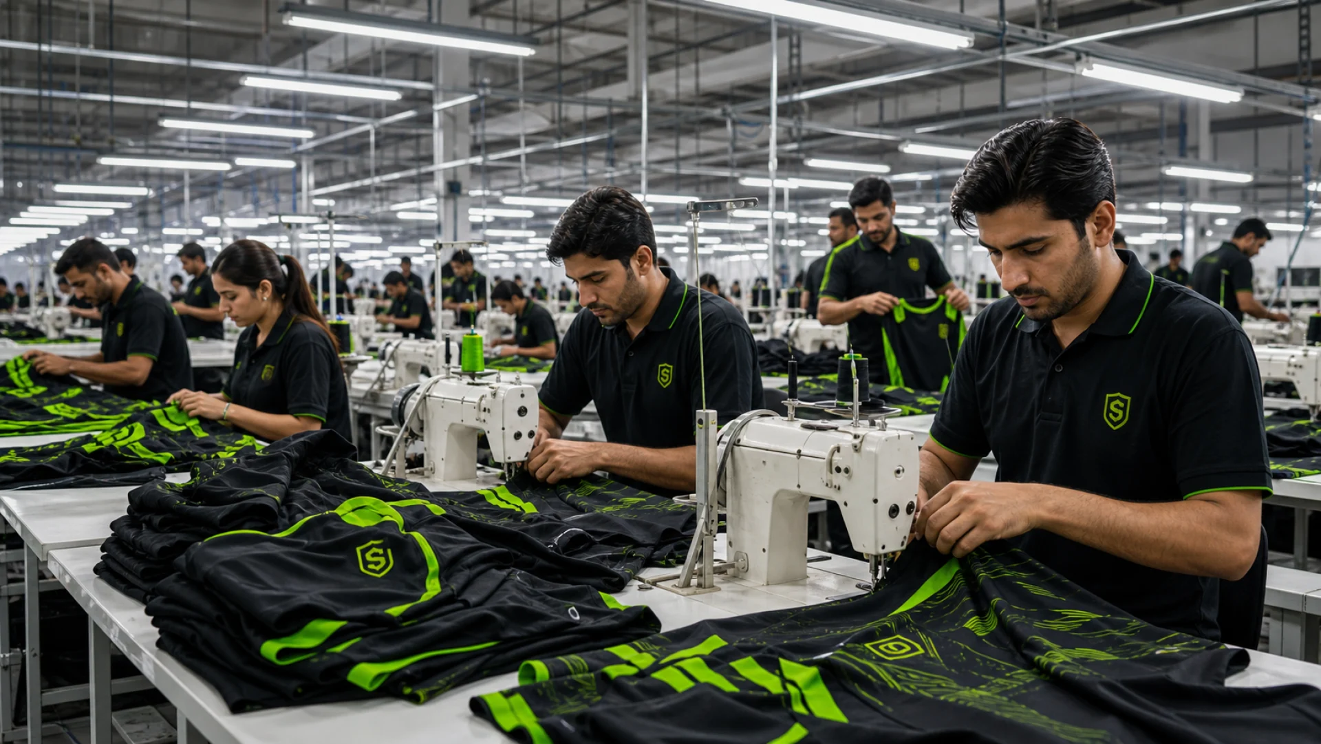 Skilled workers producing custom soccer kits in a modern Sialkot factory