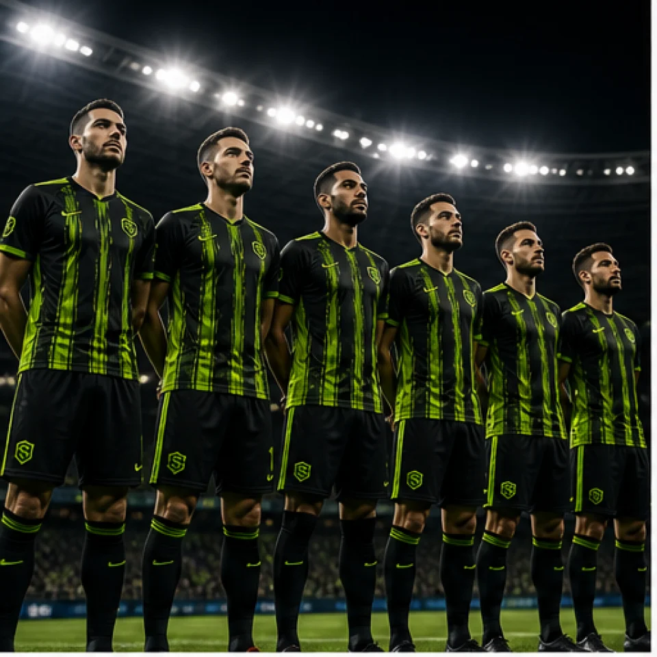Players lined up in black and lime custom soccer kits