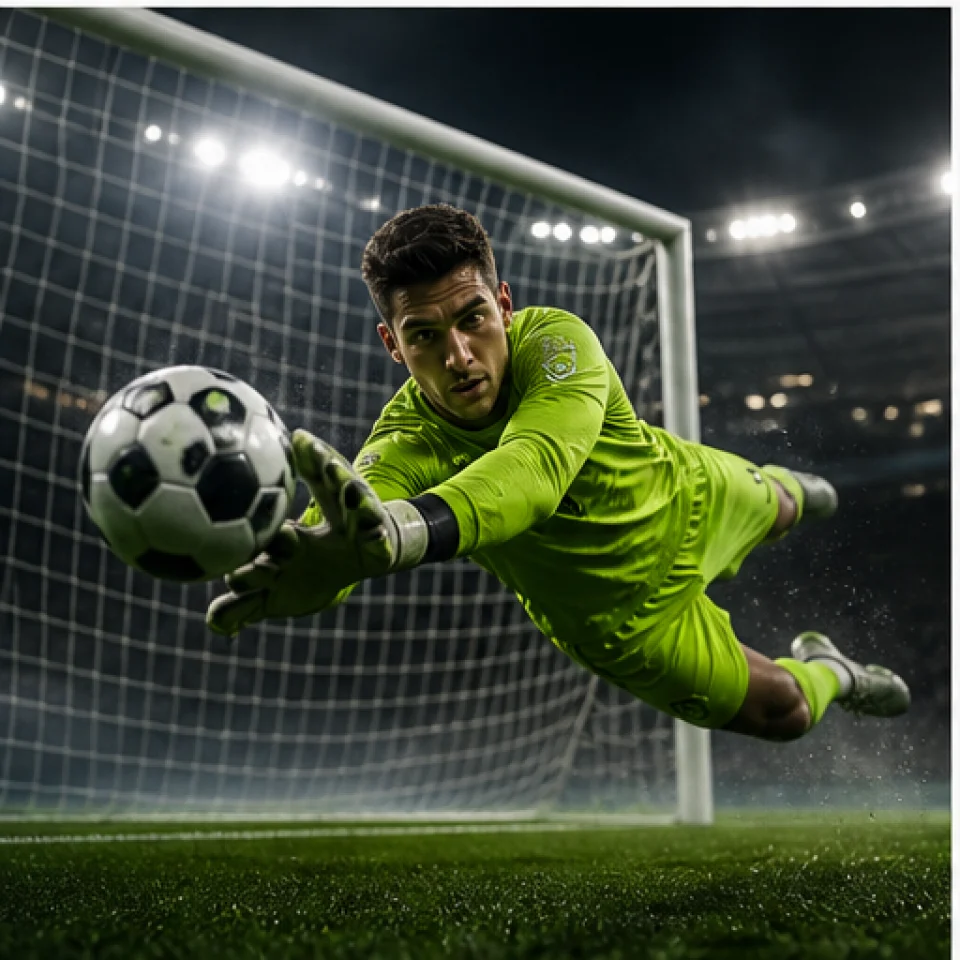 Goalkeeper in lime kit diving to make a save