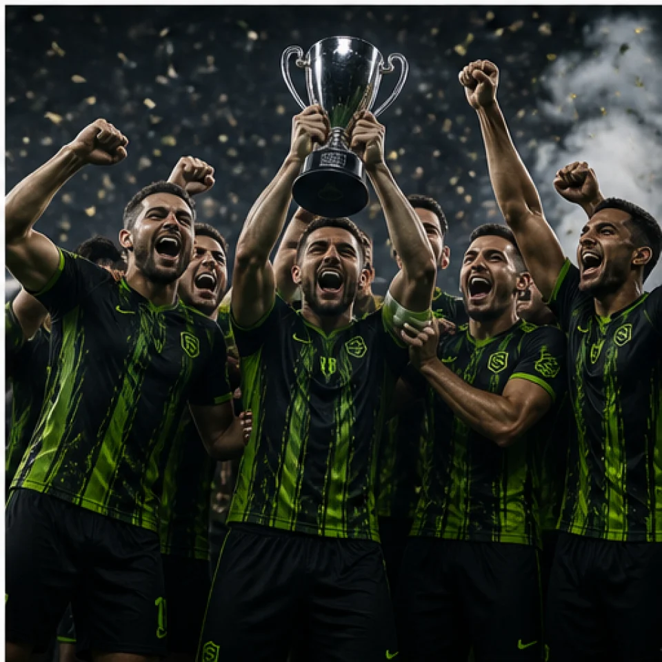 Team celebrating a tournament win with a trophy