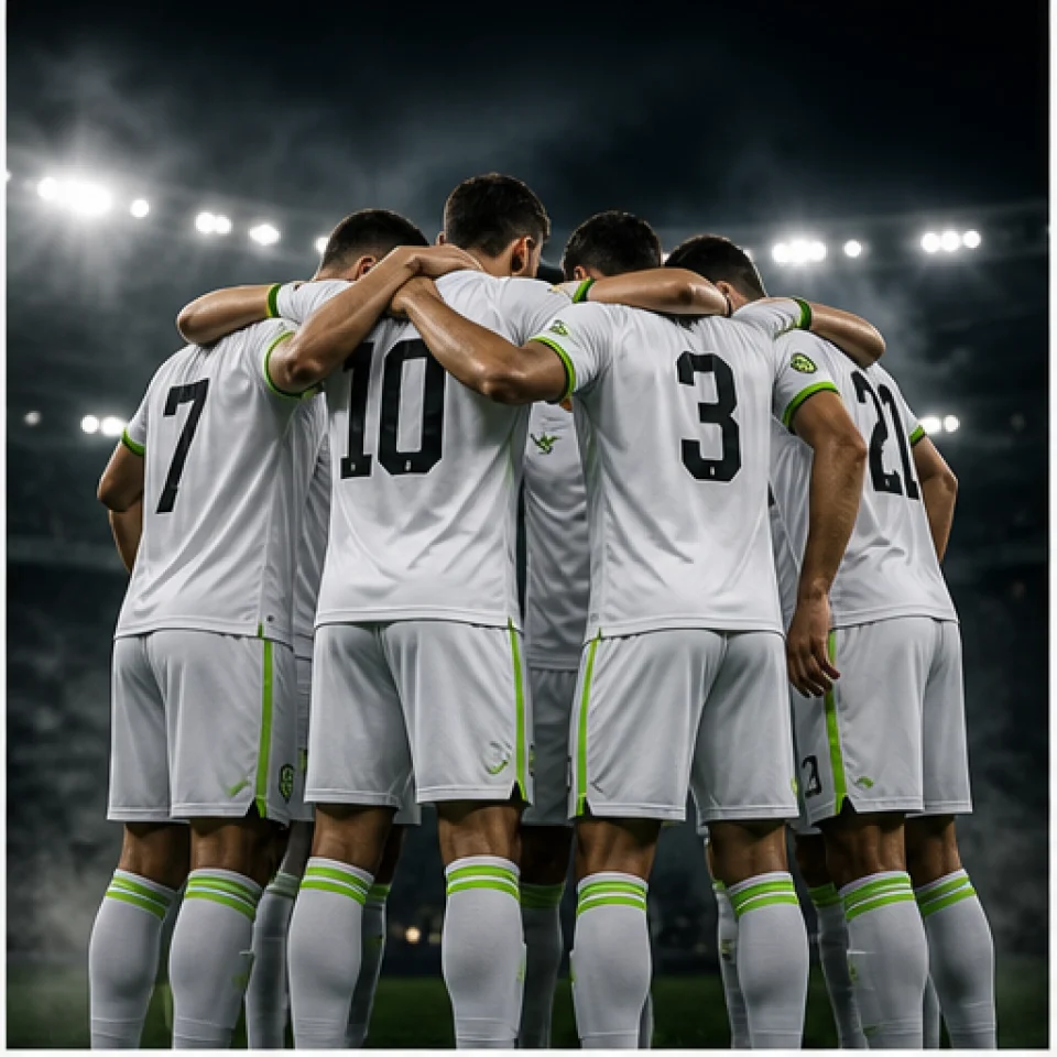 Team huddle wearing white custom football kits