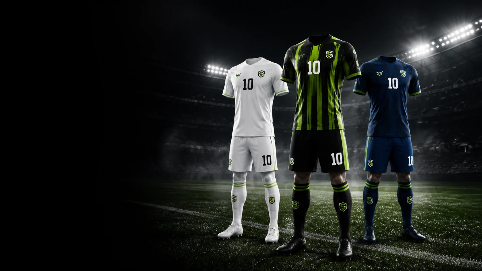 Black, white and navy custom soccer kits in a stadium